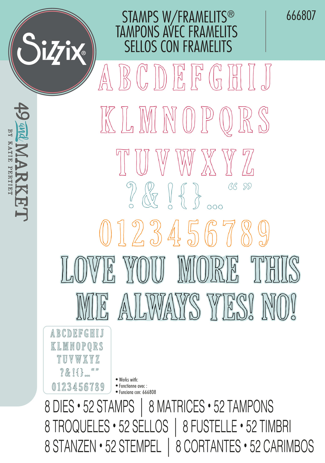 Sizzix by 49 and Market Clear Stamps 52PK w/8PK Framelits - Fine Line Alpha 01 (666807)