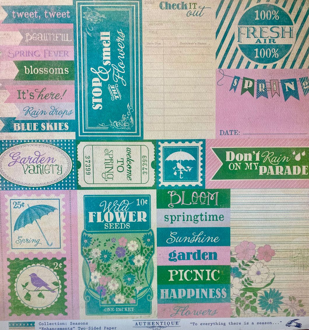 Authentique Seasons Collection 12x12 Scrapbook Paper Spring Enhancements (SEA008)