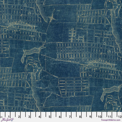 Tim Holtz Freespirit Fabric  Blue Map (PWTH283.Blue)